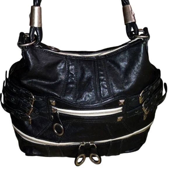 Rare Y2K XL Y2K Betsey Johnson Black Leather Studded "Strap Tease" Shoul… - Picture 3 of 15